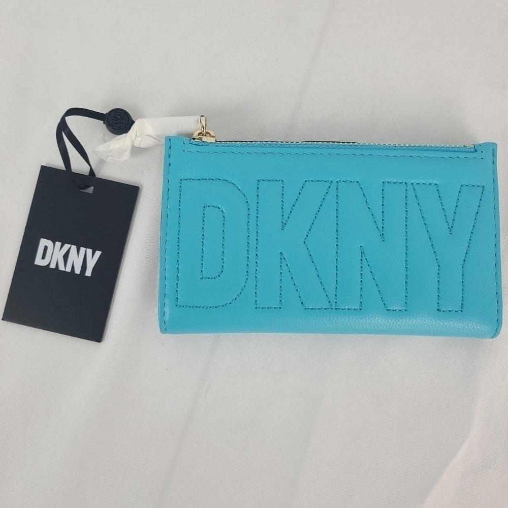 NEW DKNY Leather Elsa Bifold Card Holder Capri Blue 5 1/2"x3" MSRP $75 NWT
